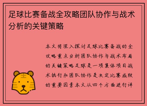 足球比赛备战全攻略团队协作与战术分析的关键策略